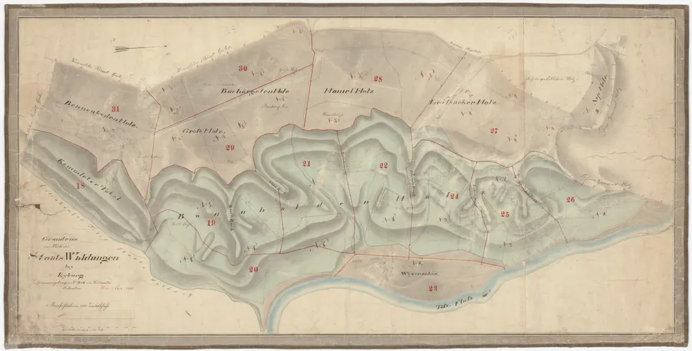 Kyburg, Töss, Illnau-Effretikon (damals Illnau), Schlatt: Staatswaldung: Kyburg: Bennenbodenholz, Chämletertobel (Kemmleter Tobel), Buchärgetenholz, Grossholz, Homelholz, Leissacherholz, Aspholz, Bannhaldenholz, Weieracher (Weyeracker); Grundriss