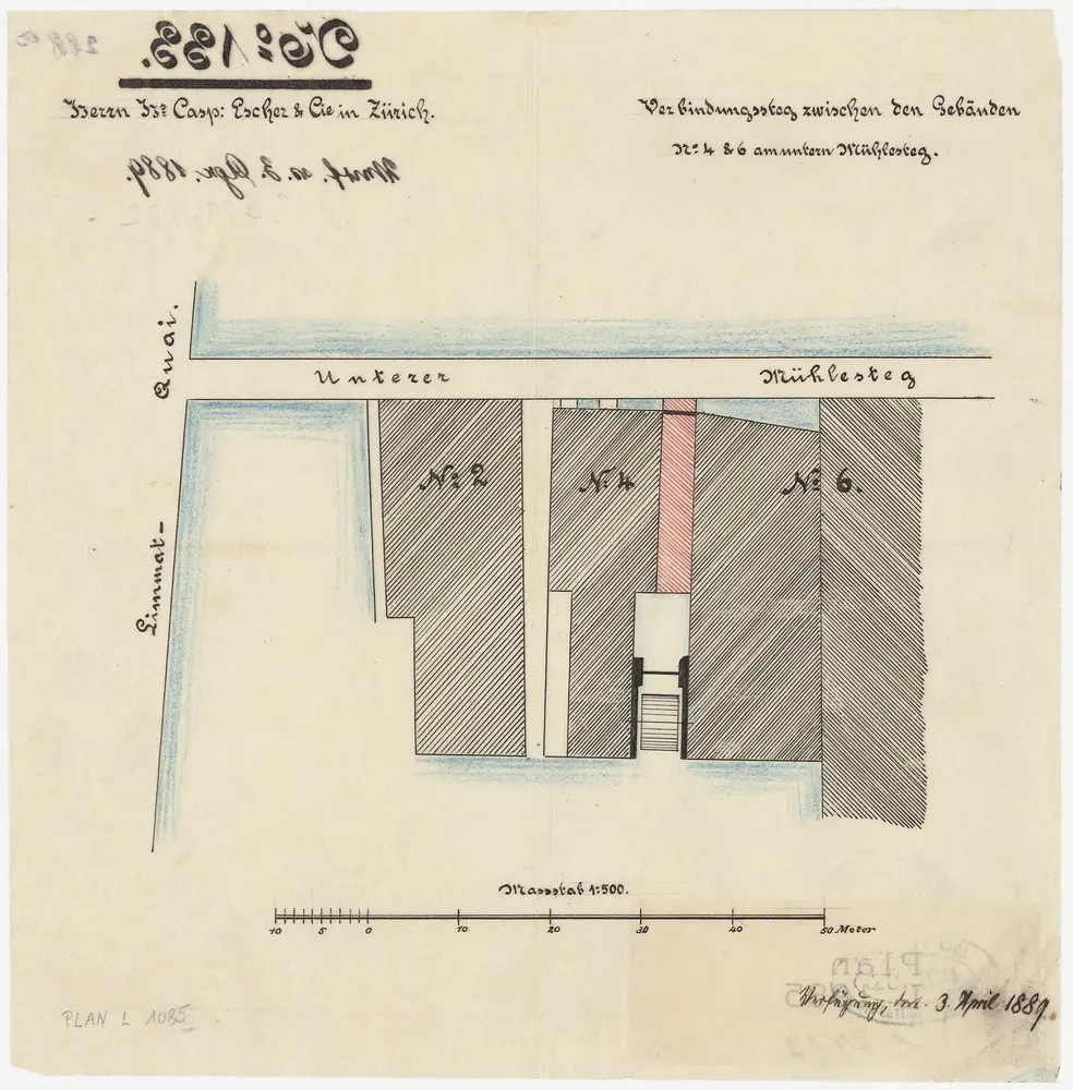 Zürich: Unterer Mühlesteg, Fabrik von H. C. Escher, projektierte Gebäudeverbindung; Situationsplan