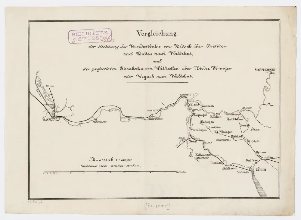 Vergleich zwischen der Strecke der Nordostbahn von Zürich über Dietikon und Baden AG nach Waldshut (Deutschland) und der projektierten Strecke von Wallisellen über Niederweningen oder Weiach nach Waldshut (Deutschland); Grundriss