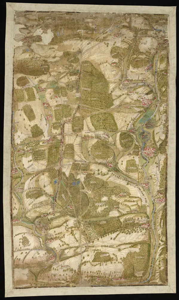 HZAN GA 100_Nr. 140_ : Hohe Straße [Hohe Straße zwischen Jagsthausen und Hermuthausen][M. Michael Hospin];ohne Maßstab [8 cm = 1 km];70 x 123 cm; Norden links;Kartenrand: Weldingsfelden-Hermuthausen-Burg Stetten; Künzelsau-Ingelfingen-Niedernhall-Forchtenberg; Sindringen-Jagsthausen; Schöntal-Bieringen-Winzenhofen-Gommersdorf;Papier auf Leinwand; Wasserfarben; Heraushebung der verschiedenen Grenzsteine auf der Hohen Straße [zwischen Kocher und Jagst]; Darstellung naturalistisch.