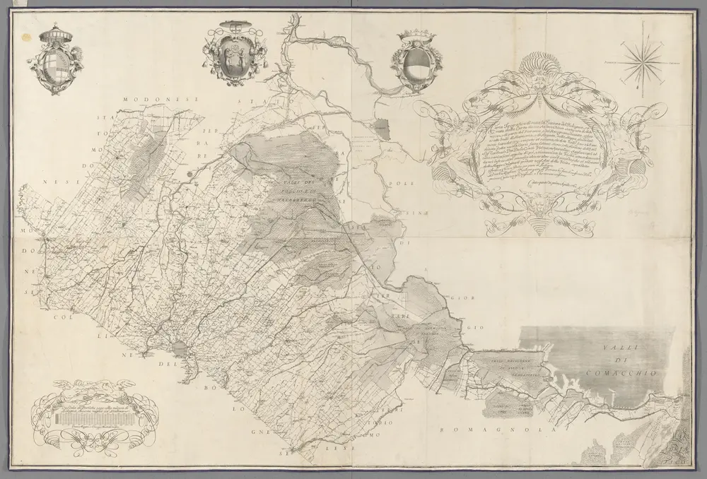 Carta topografica di tutta la pianura del Bolognese cavata dalla carta da me Andrea Chiesa stampata dell'anno 1742, e in parte del Rerrarese, e del Ravegnano, desunta, rispetto alle valli di Marmorta, e di Argenta, dalla mappa giudicialmente fatta del 1739, e rispetto al restante, da dette valli fino al mare, dedotta dalla nuova carta fatta l'anno scorso 1761, d'ordine dell'e.mo sig. Cardinale Pier Paolo Conti visitatore apostolico. Aggiuntevi alcune variazioni seguite di poi, e riconosciute in visita concordemente da noi infrascritti, omesse alcune altre cose d'accordo, e che si rilevano dalle mappe originali prodotte negli atti della visita sopradetta.