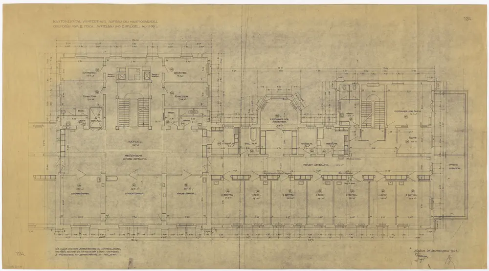 Winterthur: Kantonsspital, Hauptgebäude, Aufbau, Mittelbau und Ostflügel, 2. Stock; Grundriss (Nr. 124)