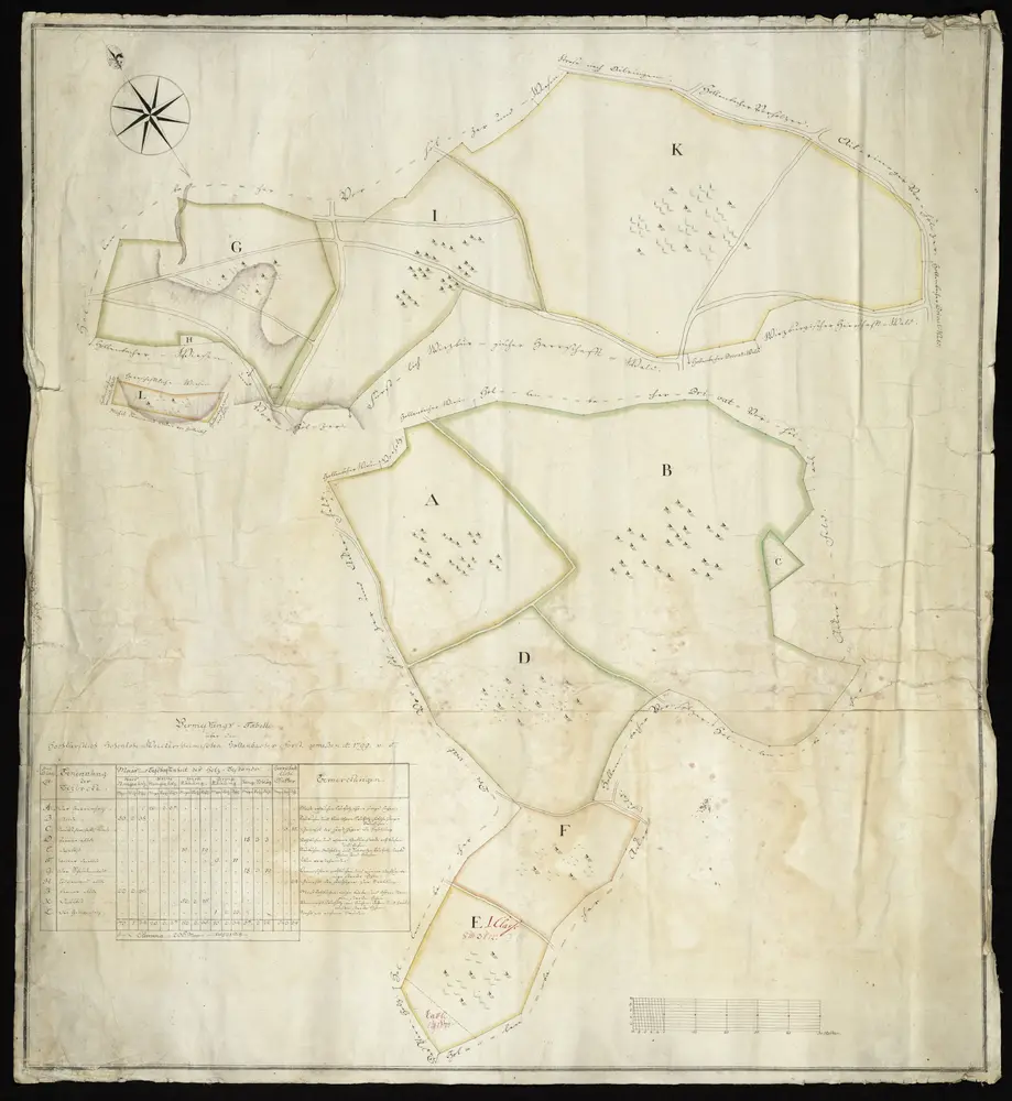 HZAN GA 100_Nr. 1264_ : Hollenbach"Hohenlohe-Weikersheimer Hollenbacher Forst". Grundriss mit Vermessungstabelle