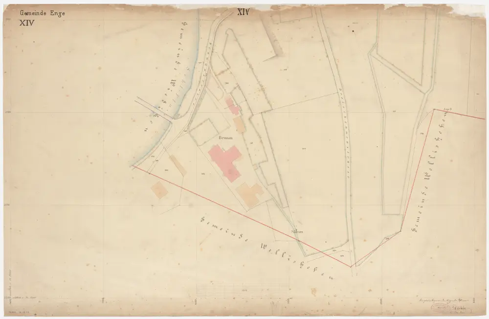 Enge: Gemeinde; Katasterpläne und Kataster-Ergänzungspläne: Blatt XIV: Gegend bei Brunaustrasse, Brunau, Dreischeunenstrasse und Sihl; Situationsplan