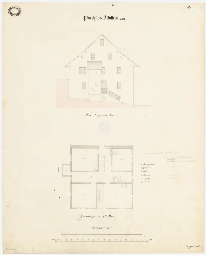 Affoltern am Albis: Pfarrhaus; Nordansicht und Grundriss des 2. Stocks (Nr. 8)