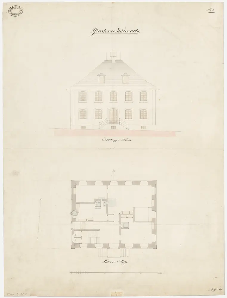 Küsnacht: Pfarrhaus; Grundriss des 1. Stocks und Nordansicht (Nr. 4)