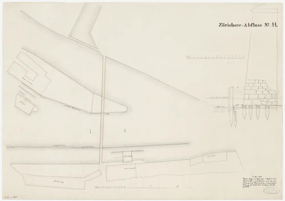 Zürich: Papierwerdinsel, Holzwand zur Fundamentsicherung; Situationsplan und Längsschnitt (Zürichsee-Abfluss Nr. 11)