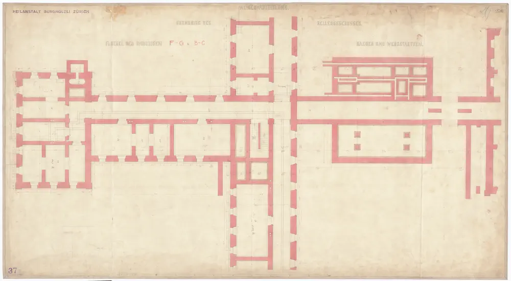 Irrenanstalt Burghölzli: Frauenabteilung; Flügel der Unruhigen und Bäder und Werkstätten, Kellergeschoss; Grundriss