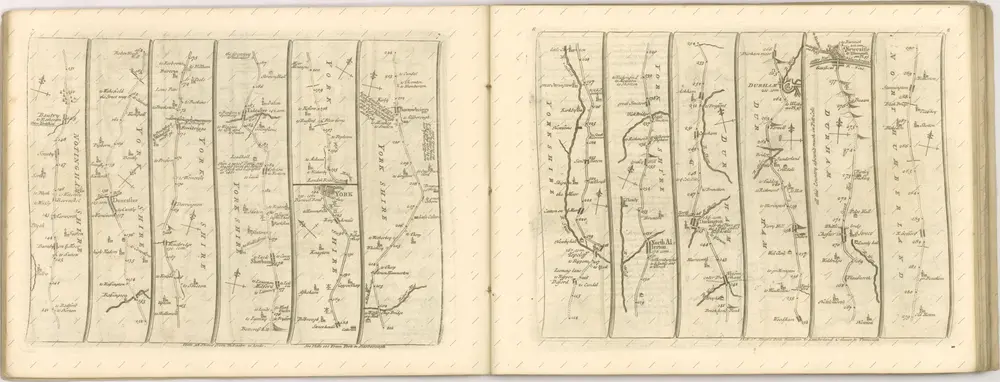 mapa z atlasu "The Roads through England delineated or, Ogilby ́s Survey, Revised, Improved, and Reduced to a Size portable for the Pocket By John Senex F, R, S. Being an Actual Survey of all the Principal Roads of England, And Wales, Distinctly laid down on one hundred "