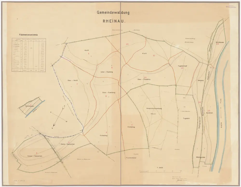 Rheinau: Gemeinde-, Kloster- und Genossenschaftswaldungen: Gemeindewaldungen Seewerben (Sewerben), Eichelhag, Euelberg, Tugsteinchopf (Tugsteinkopf), Watt, Wolfsgrueben (Wolfgruben), Strickboden, Rötenen (Reutenen), Manghusen (Mannhausen); Grundrisse