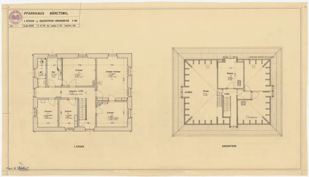 Bäretswil: Pfarrhaus: 1. Stock und Dachgeschoss; Grundrisse