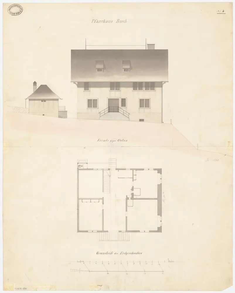 Buch am Irchel: Pfarrhaus; Ostansicht und Grundriss des Erdgeschosses (Nr. 4)