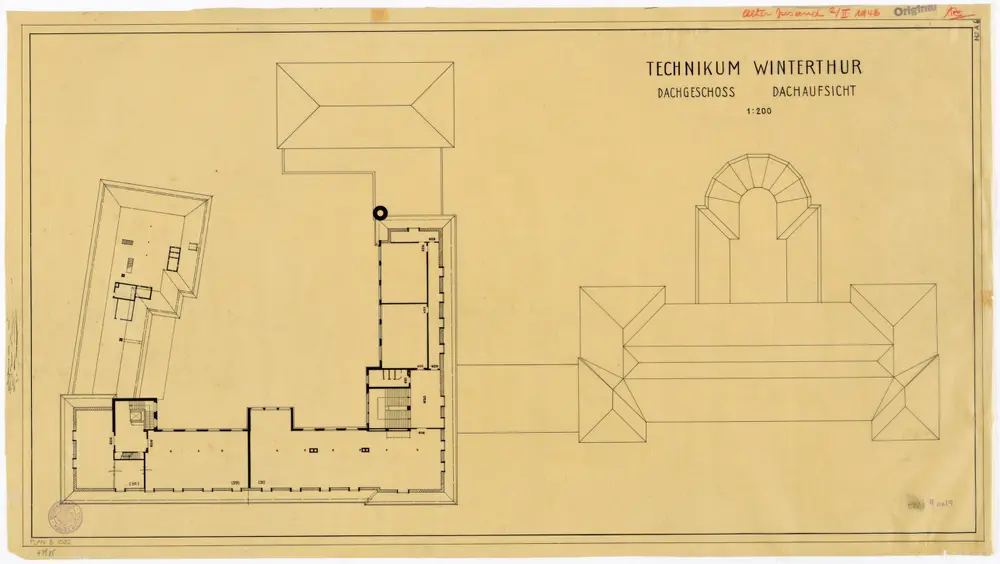 Winterthur: Technikum, Dachgeschoss und Dachaufsicht; Grundrisse (Nr. A 6)