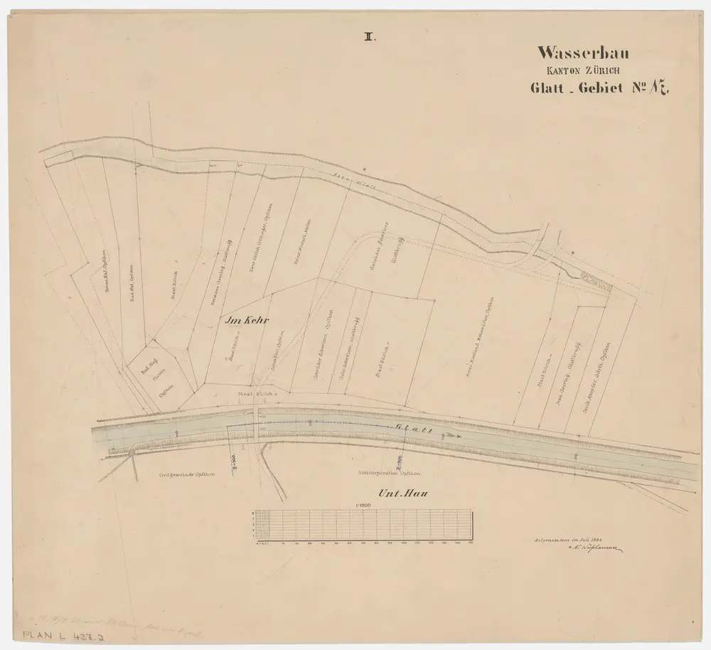 Opfikon: Glatt von der Brücke oberhalb Glattbrugg bis unterhalb der Kehrbrücke in Glattbrugg; Grundrisse (Glatt-Gebiet Nr. 17): Blatt II: Glatt bei der Kehrbrücke in Glattbrugg; Grundriss (Glatt-Gebiet Nr. 17)