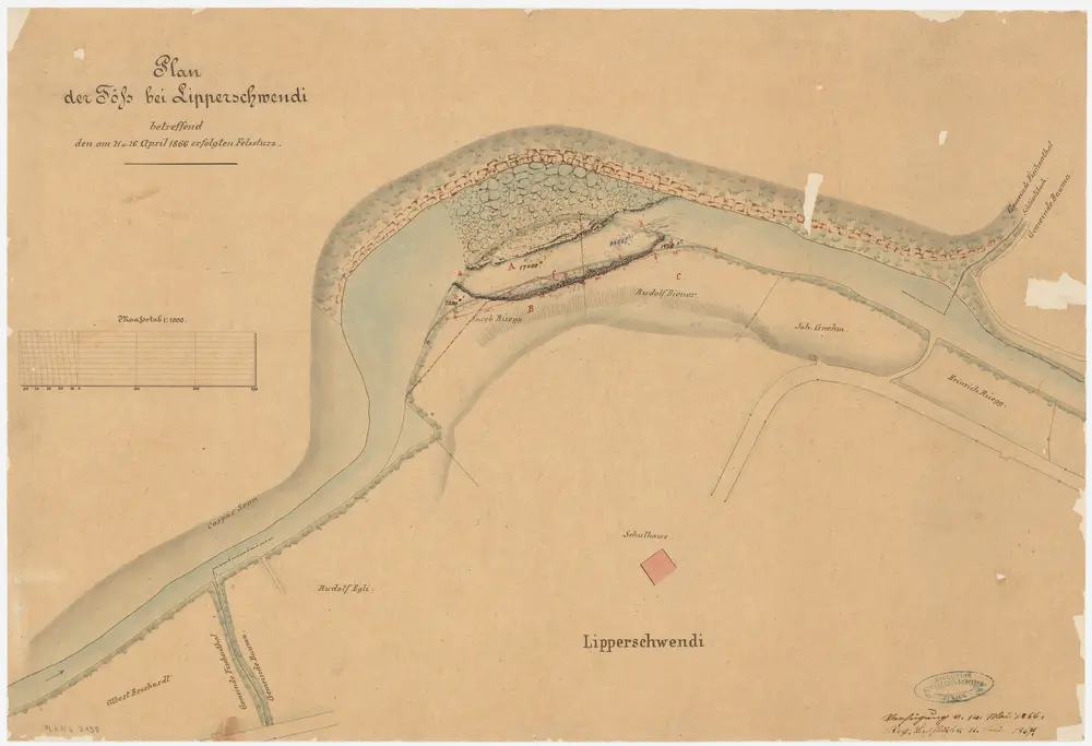 Fischenthal, Bauma: Töss bei Lipperschwändi, Felssturz vom 21. und 26.04.1866; Situationsplan (Töss-Gebiet Nr. 32)