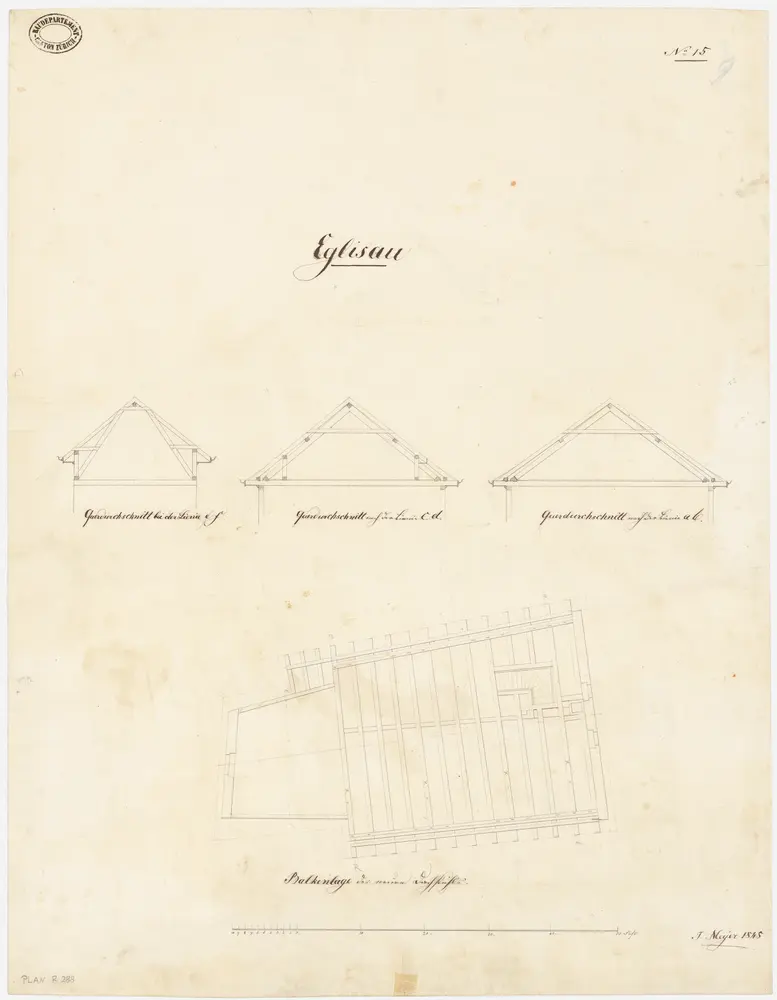 Eglisau: Pfarrhaus, neuer Dachstuhl; Grundriss mit Balkenlage und Querschnitte (Nr. 15)