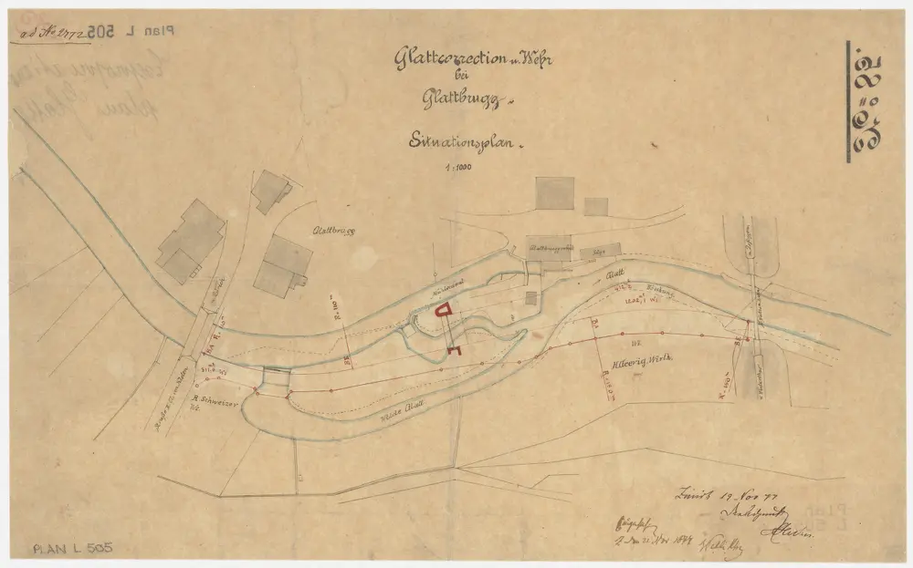 Opfikon: Mühle und Wehr bzw. Stauanlage in Glattbrugg, alter und neuer Glattlauf samt Korrektionsabsteckung, ab 1877/1878 ausgeführt; Situationsplan