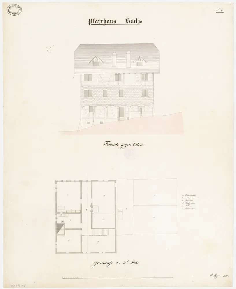 Buchs: Pfarrhaus; Ostansicht und Grundriss des 3. Stocks (Nr. 6)