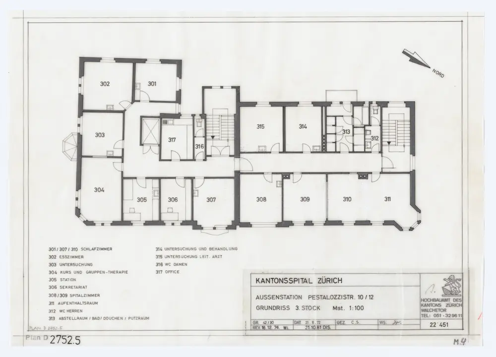 Liegenschaft Pestalozzistrasse 10 und 12, Aussenstation des Kantonsspitals: Grundrisse: 3. Stock; Grundriss