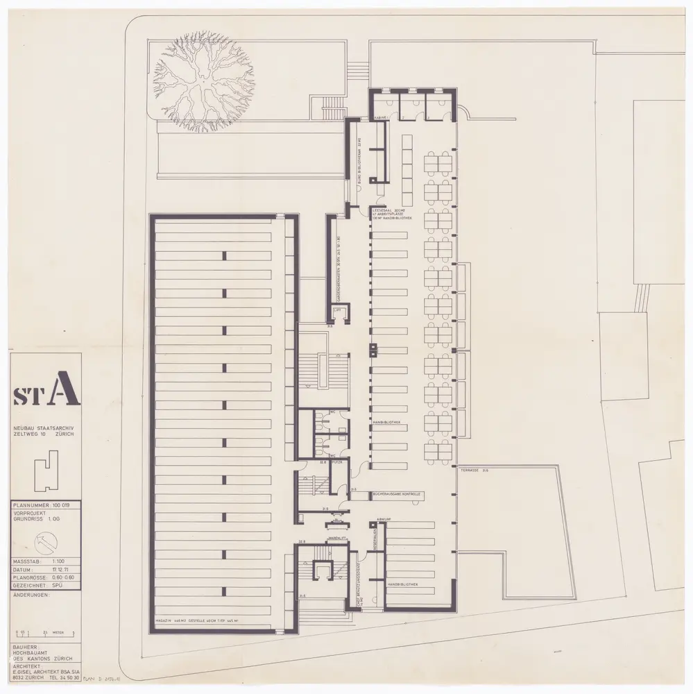 Staatsarchiv des Kantons Zürich, projektierter Neubau zwischen Zeltweg, Wettingerwies und Promenadengasse: Vorprojekt: 1. Obergeschoss; Grundriss