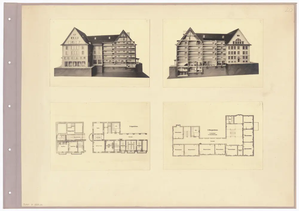 Schulhäuser des Kantons Zürich: Winterthur, Schulhaus Heiligberg; Grundrisse des Gebäudes und Fotos vom Gebäudemodell