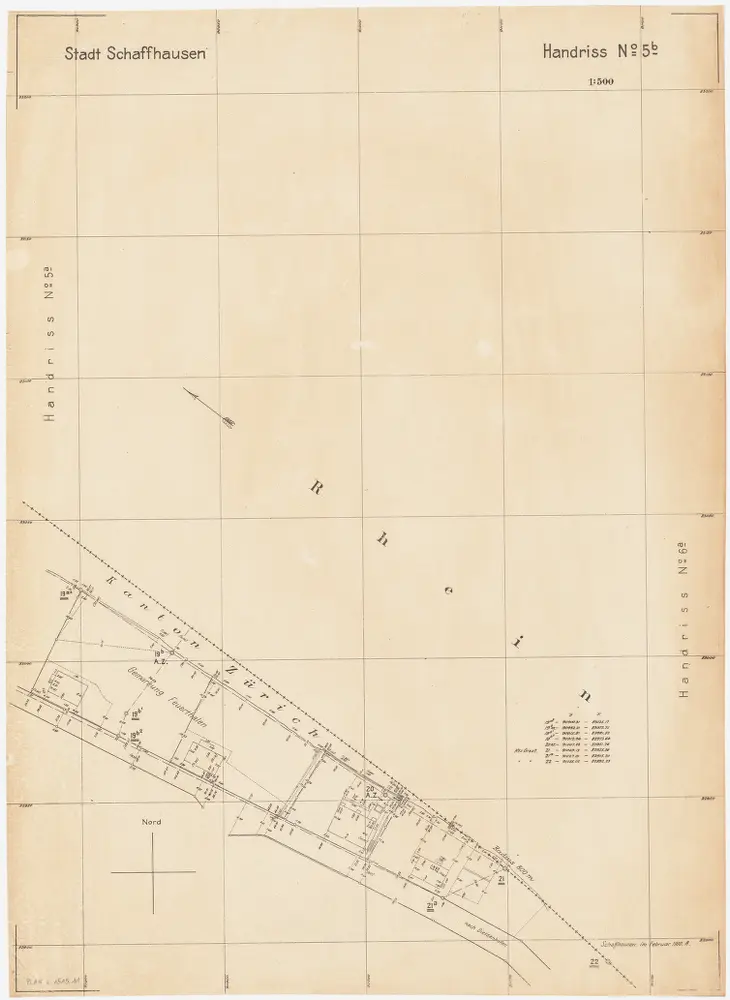 Feuerthalen bis Flurlingen: Durch den Vertrag vom 11.01.1901 zwischen den Kantonen Zürich und Schaffhausen festgelegter Grenzverlauf am linken Rheinufer bei Schaffhausen; Situationsplan-Handrisse: Rhein bei Feuerthalen; Situationsplan-Handriss (Nr. 5 b)