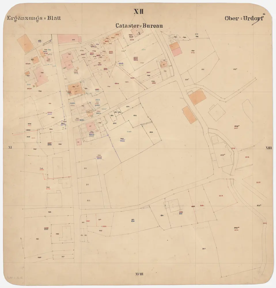 Oberurdorf: Gemeinde; Kataster-Ergänzungspläne: Ergänzungsblatt XII: Gegend bei Ankengasse, Mühlegasse, Bachstrasse und Birmensdorferstrasse; Situationsplan