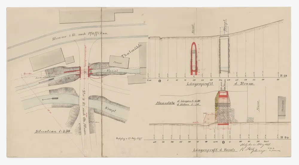 Illnau-Effretikon (damals Illnau): Projektierte Brücke über den Ablaufkanal der Thalmühle; Situationsplan und Längsprofile (Kanal und Strasse)