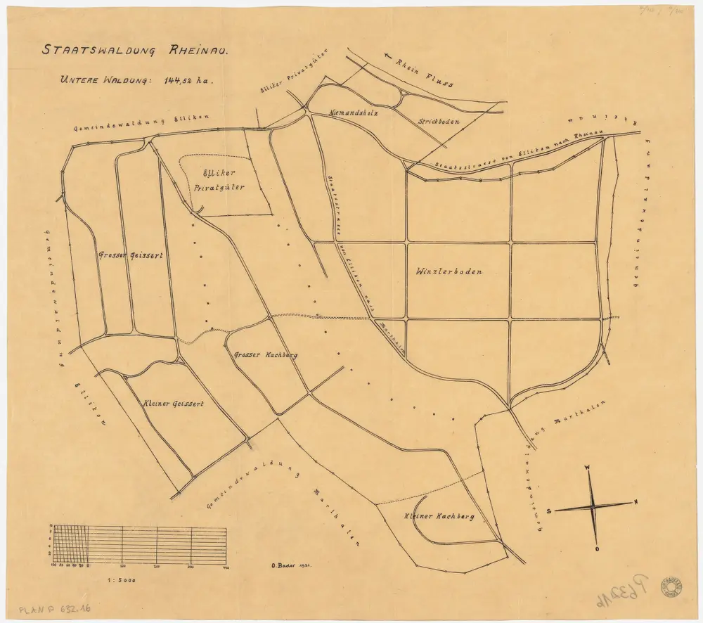 Rheinau: Gemeinde-, Kloster-, Genossenschafts- und Staatswaldungen: Staatswaldung Untere Waldung (Winzlerboden, Chachberg, Geissert, Niemandsholz, Strickboden); Grundriss