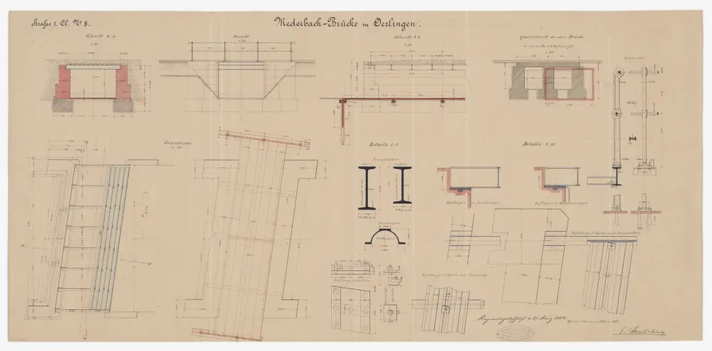 Kleinandelfingen: Eiserne Balkenbrücke über den Mederbach in Oerlingen; Seitenansicht, Grundrisse und Schnitte