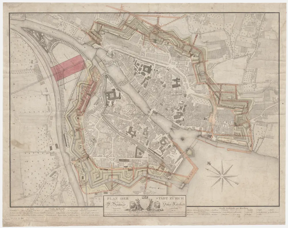 Zürich: Schanzen der Stadt und der nächsten Umgebung mit Einzeichnung von projektierten Strassen und anderen Bauten; Grundriss