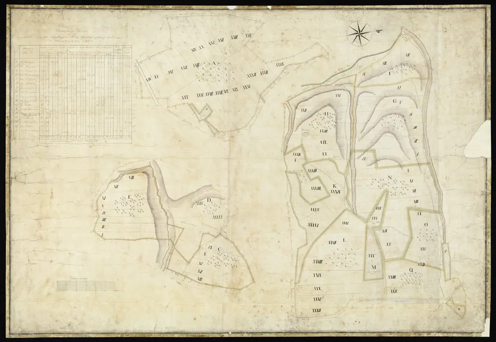 HZAN GA 100_Nr. 114_ : Hermersberg (Kr. Künzelsau); "Vermessungstabelle über die zur Saline Weißbach gehörigen Waldungen";ohne Verfasser;60 Ruten = 14,1 cm;116 x 79 cm; Norden rechts;Papier; Federzeichnung mit Schraffen; Grenzen in Wasserfarben;Einteilung der Waldstücke links oben; Übersicht über Waldbezirke, Meßgehalt und Holzbestand.