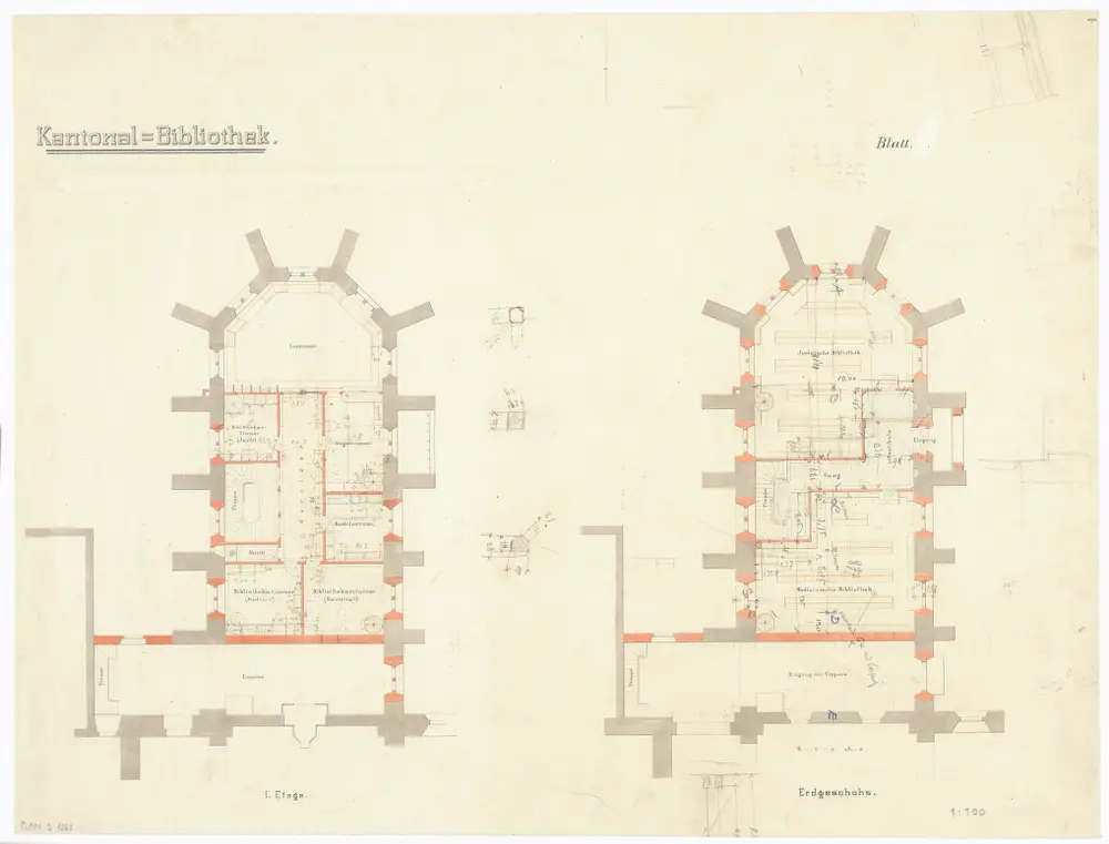 Kantonsbibliothek im Predigerchor: Erdgeschoss, 1. Stock; Grundrisse (Nr. 4)