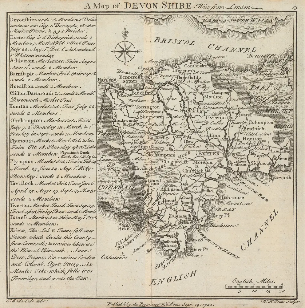 A Map of Devon Shire. West from London [Karte], in: Chorographia Britanniae, or, A new set of maps of all the counties in England and Wales, S. 58.