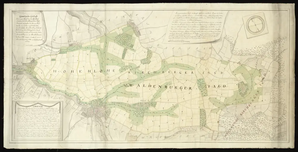 HZAN GA 100_Nr. 220_ : Kupferzell; "Geometrischer Grundriß ... des ... Hohnelohe-Kirchbergischen Jagdbezirks";Joh. Heinr. Wagner, copiert J.C. Roesch;100 Ruten = 12,4 cm;162 x 78,5 cm; Norden oben;Papier auf Leinwand; Wasserfarben; Grenzen in Tusche; Ackerflächen, Wiesen, Wälder und Siedlungen in Farben hervorgehoben; unten links Beschreibung in Kartusche; oben Meßgehalt.