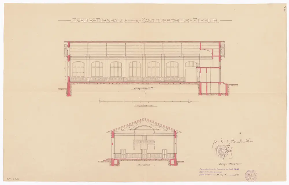 Kantonsschule, zweite Turnhalle, Rämistrasse: Längs- und Querschnitt