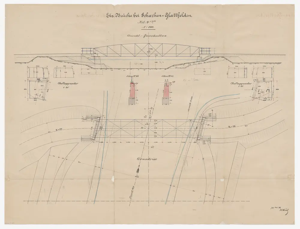 Glattfelden: Eiserne Brücke über die Glatt bei Schachen; Seitenansicht, Grundriss und Schnitte
