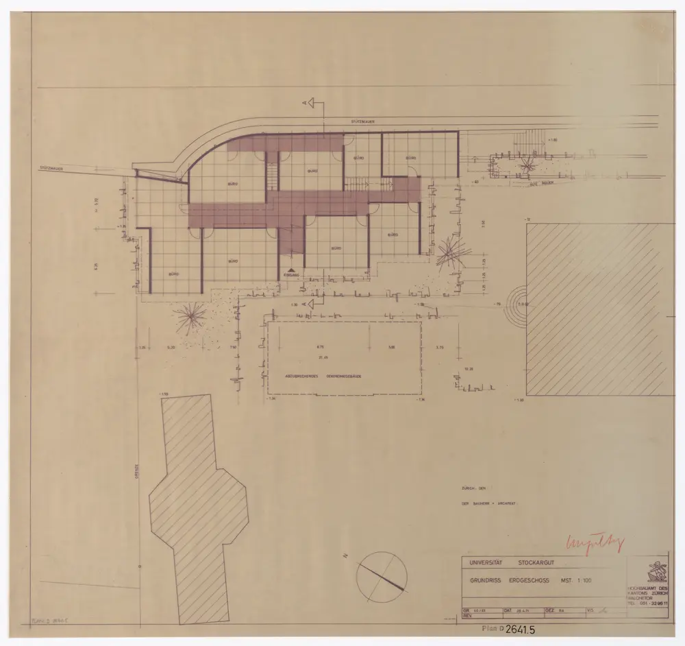 Universität Zürich (Nebengebäude Stockargut): Ansichten und Grundrisse: Erdgeschoss; Grundriss