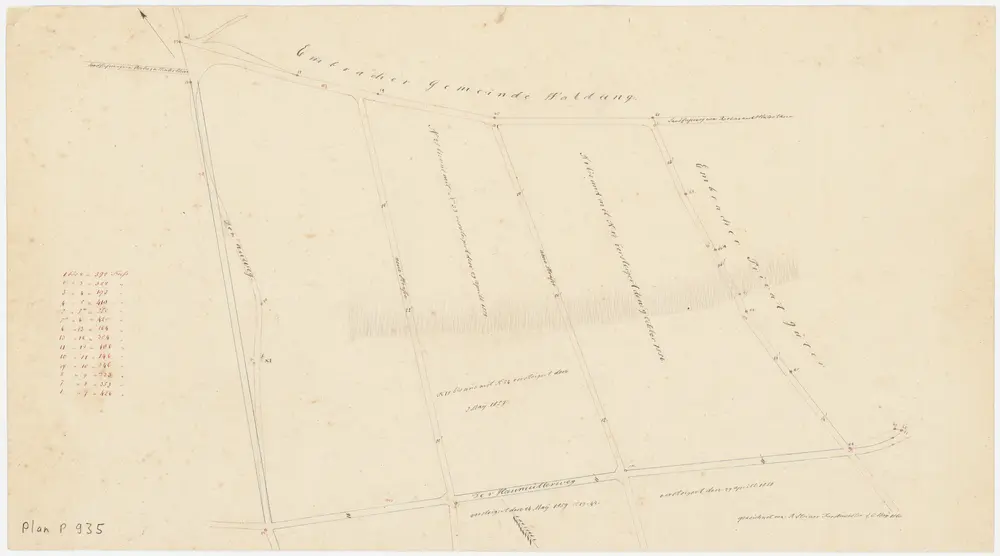 Embrach: Vom Staat in den Jahren 1856-1859 versteigerte Parzellen zwischen dem Haumühleweg (Haumüllerweg) und dem Landfussweg von Rorbas nach Winterthur; Grundriss