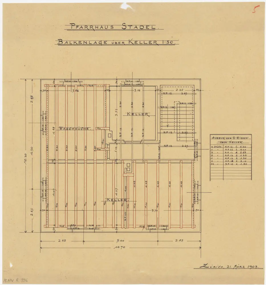 Stadel: Pfarrhaus, Balkenlage, Keller; Grundriss (Nr. 5)