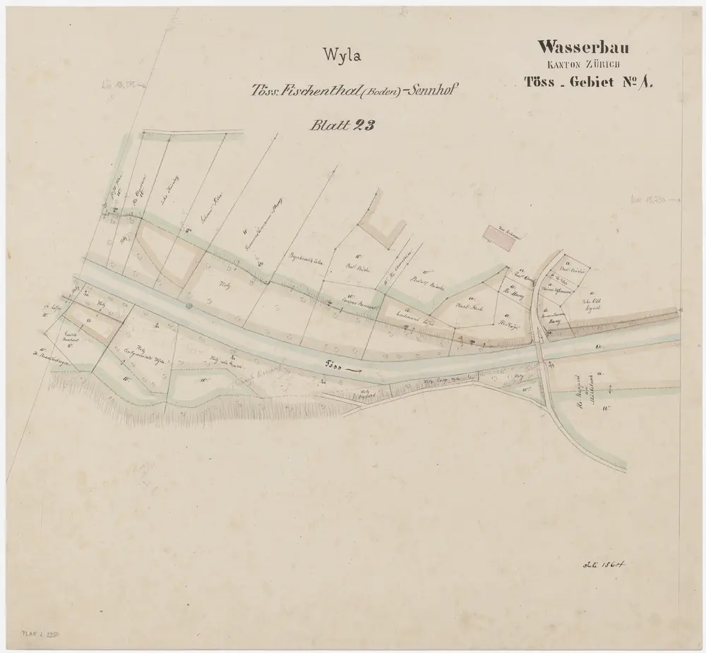 Wila: Töss von unterhalb der neuen eisernen Brücke oberhalb Wila bis unterhalb der hölzernen Brücke in Wila; Situationsplan (Töss-Gebiet Nr. 1, Blatt 23)