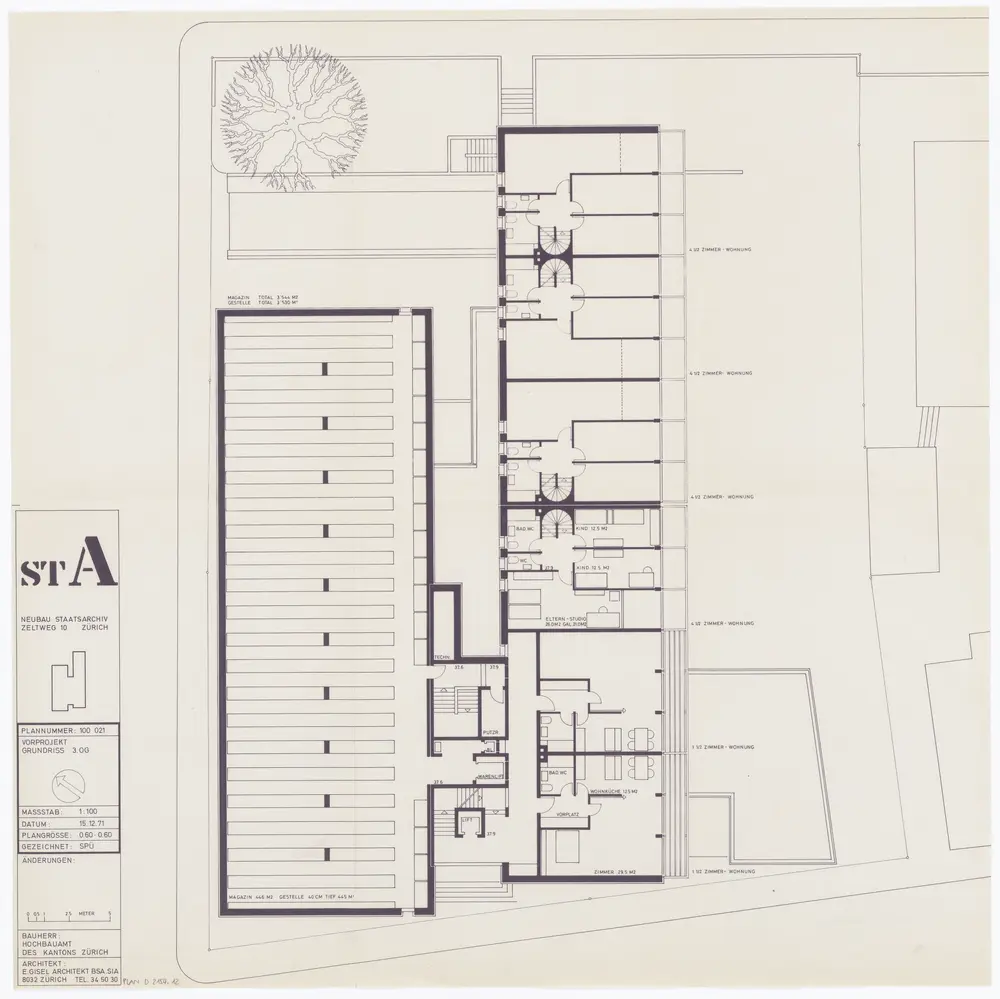 Staatsarchiv des Kantons Zürich, projektierter Neubau zwischen Zeltweg, Wettingerwies und Promenadengasse: Vorprojekt: 3. Obergeschoss; Grundriss