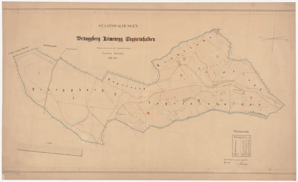 Kyburg, Töss, Illnau-Effretikon (damals Illnau), Schlatt: Staatswaldung: Kyburg: Brünggberg, Leimenegg, Tutschgenhalden (Tugsteinhalden), Brühltobel, Vogelsang; Grundriss