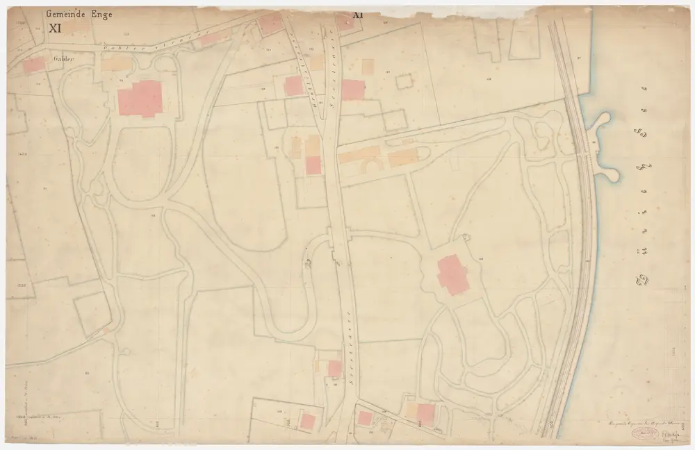 Enge: Gemeinde; Katasterpläne und Kataster-Ergänzungspläne: Blatt XI: Gegend bei Gablerstrasse, Grütlistrasse, Seestrasse und Zürichsee; Situationsplan