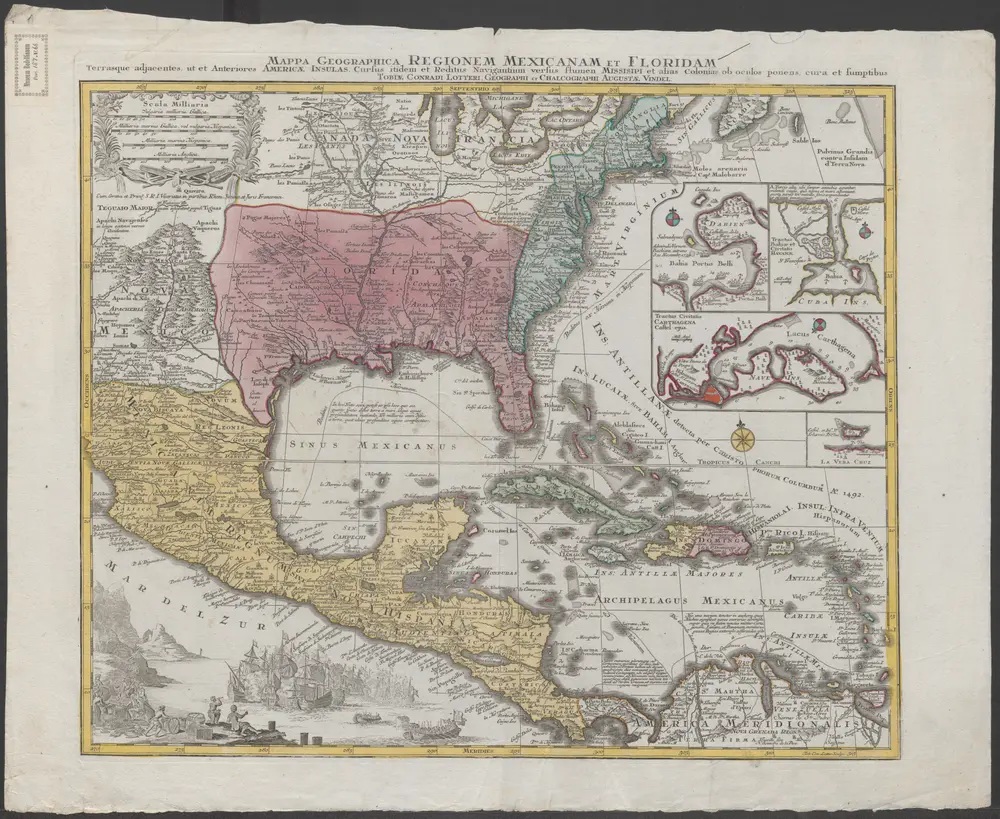 Mappa geographica regionem Mexicanam et Floridam : terrasque adjacentes, ut et anteriores Americae insulas, cursus itidem et reditus navigantium versus flumen Missisipi et alias colonias ob oculos ponens cura et sumptibus Tobiae Lotteri, Geographi et Chalcographi Augustae Vindel