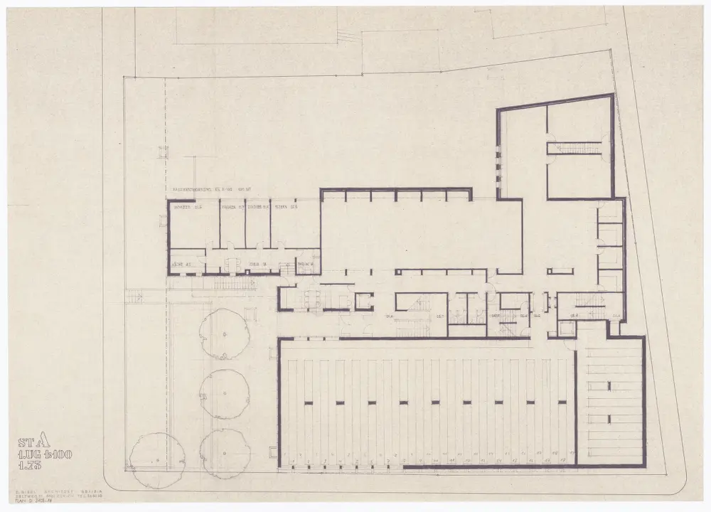 Staatsarchiv des Kantons Zürich, projektierter Neubau zwischen Zeltweg, Wettingerwies und Promenadengasse: Risse, Grundrisse, Fassaden: 1. Untergeschoss; Grundriss