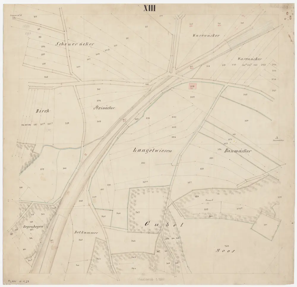 Oerlikon: Gemeinde; Kataster-Ergänzungspläne: Blatt XIII: Scheueräcker, Birch, Steinäcker, Regenbogen, Wasenäcker, Langetwiesen, Baumäcker, Betkammer, Gubel und Moos; Situationsplan