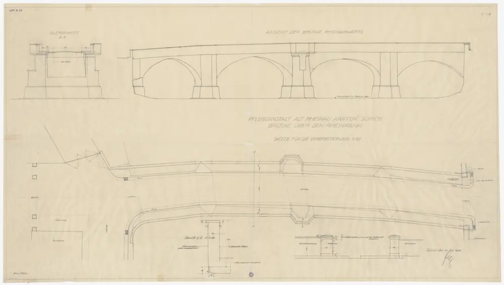 Rheinau: Rheinbrücke bei der Pflegeanstalt Alt-Rheinau; Seitenansicht, Grundriss und Schnitte