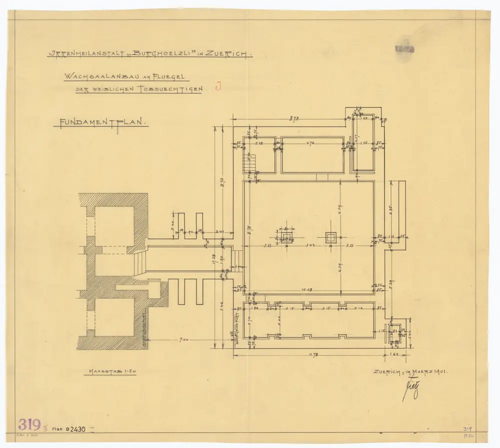 Irrenheilanstalt Burghölzli: Frauenabteilung, weibliche Tobsüchtige, Wachsaalanbau; Fundamentplan