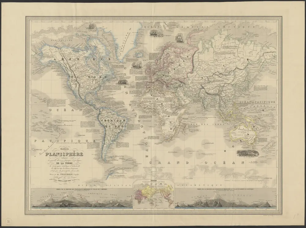 Nouveau planisphère indiquant les grandes divisions physiques et politiques de la terre, la géographie statistique et industrielle des differents états, les colonies européenes et l'époque des principales découvertes